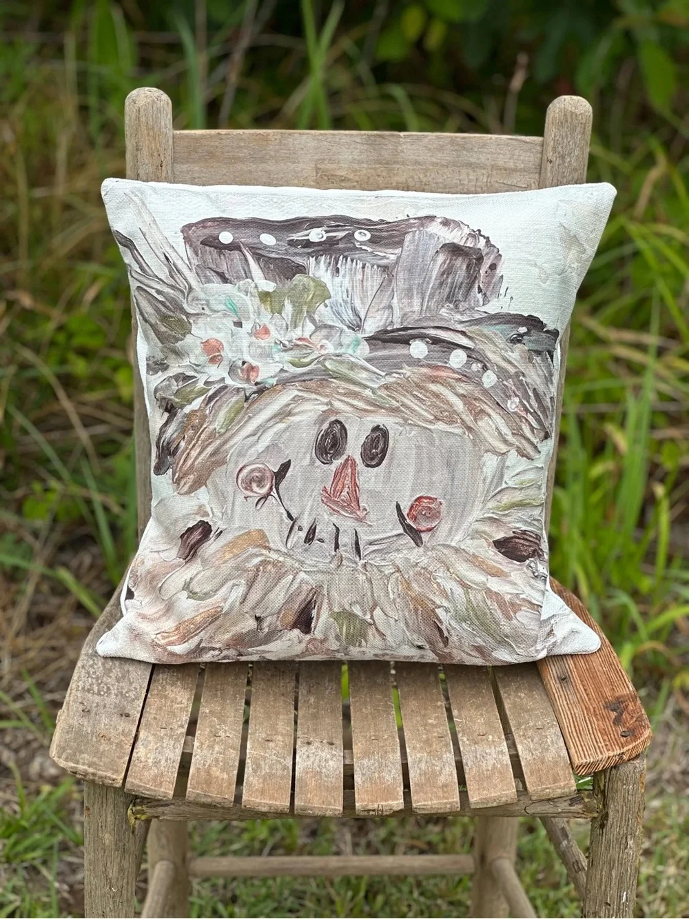 Hand-Painted Scarecrow Decorative Throw Pillow - Neutral Tones